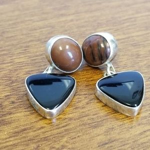 Vintage black onyx silver pierced earrings